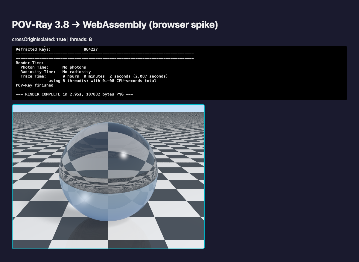 First successful in-browser render: crossOriginIsolated true, 8 threads, glass sphere in 2.95 seconds