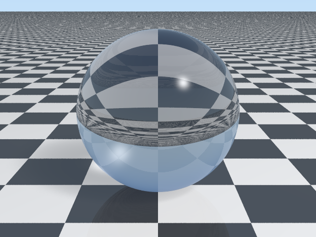 The classic glass sphere over a checkerboard, ray-traced by POV-Ray running in WebAssembly
